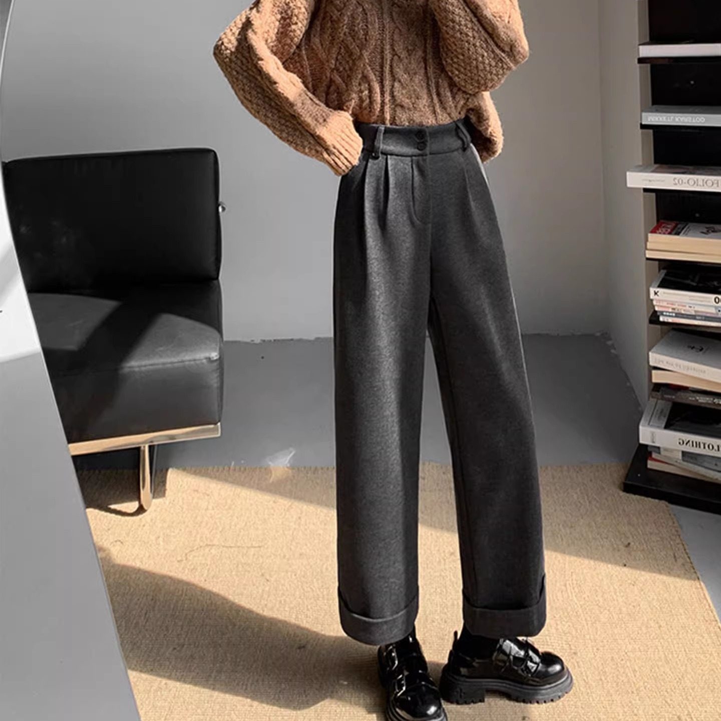 加绒加厚毛呢西装裤女秋冬高腰职业宽松阔腿长裤直筒休闲九分裤子,女装/女士精品,休闲裤,淘宝优惠券,粉丝福利购,淘宝优惠卷