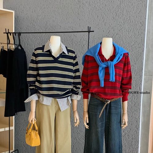 条纹polo领针织衫（含6%羊毛）