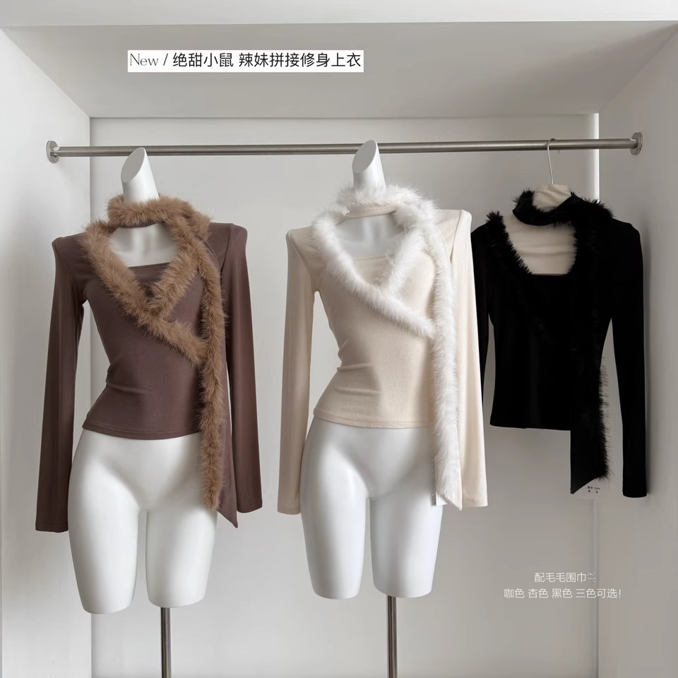 设计性感辣妹拼接修身针织衫秋