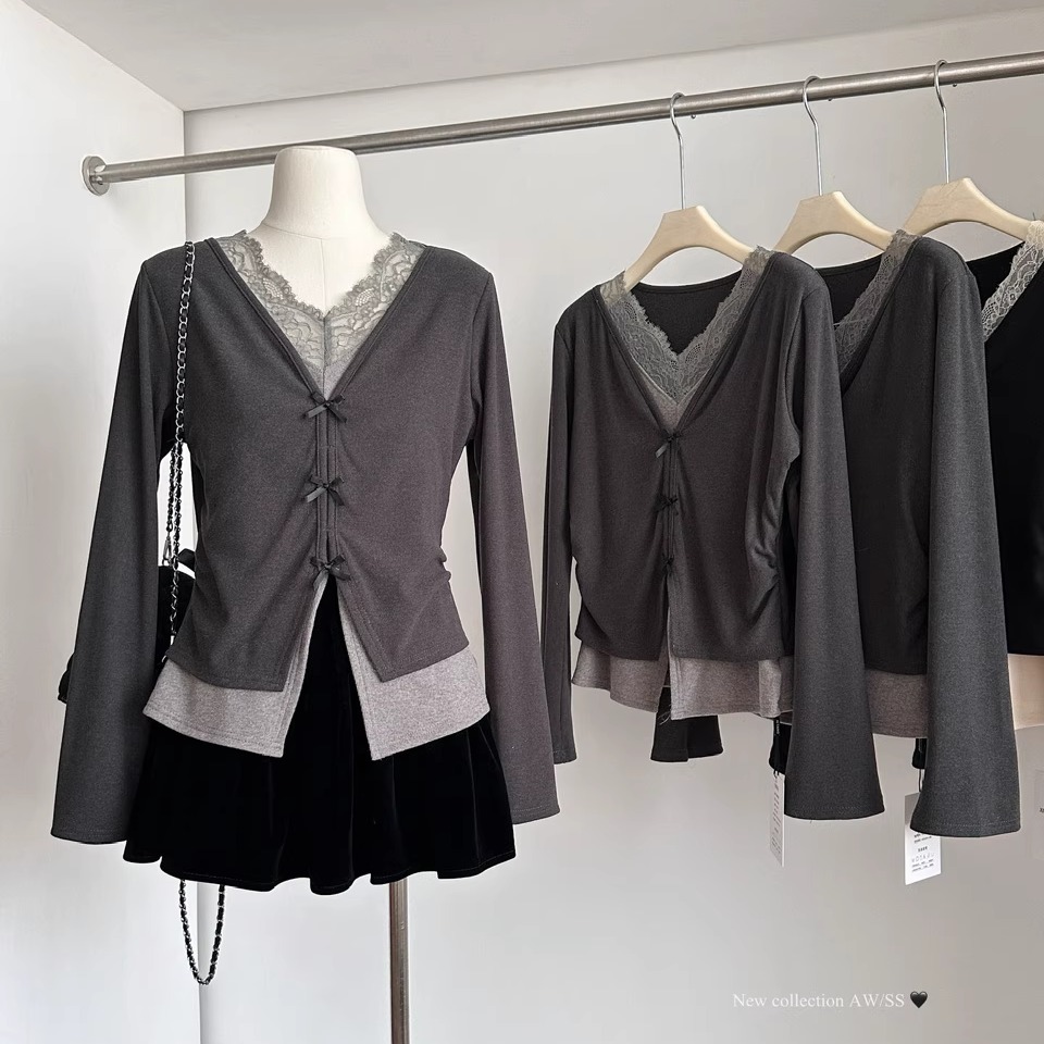 V领假两件叠穿加绒打底衫针织衫