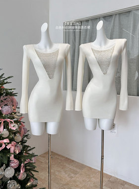 晚宴流光白色针织连衣裙打底外穿春季高级感拼接设计感礼服毛衣裙