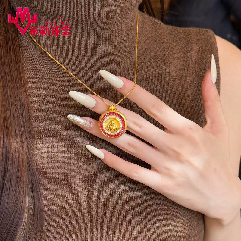 黄金点钻红宝石弥勒佛吊坠女999足金镶嵌莫桑钻佛挂坠纯金送女友