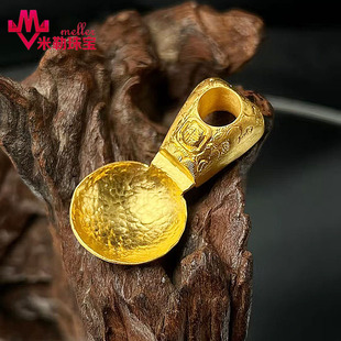 古法錾刻实心黄金勺子 锤纹足金小汤匙饭勺宝宝满月周岁生日礼物