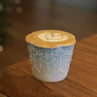 花间树里。景德镇立体手绘珠帘咖啡杯拿铁拉花杯下午茶杯子花口杯