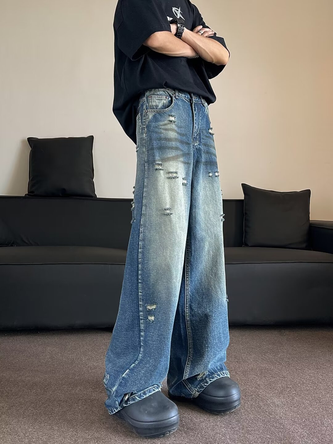 美式cleanfit复古水洗脏旧高街破洞牛仔裤男女款vibe宽松微喇裤子