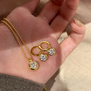 泡泡培育钻石项链耳环轻奢黄金色圆形项链女设计师款高级感锁骨链