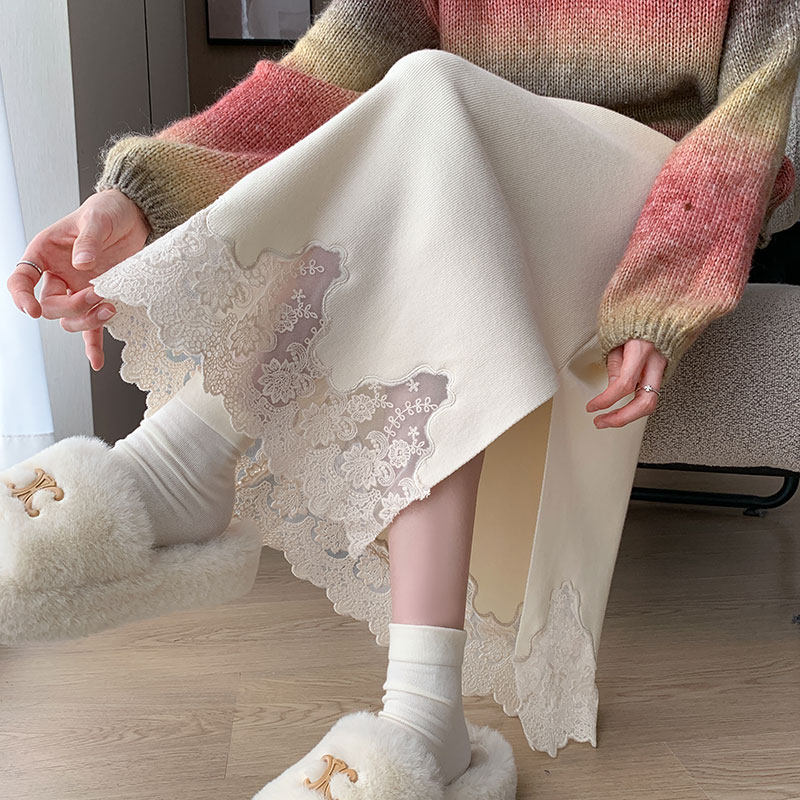 蕾丝拼接半身裙女秋冬新款中长款高腰修身包臀开叉针织开叉a字裙