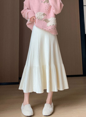 针织半身裙秋冬女小个子2025新款加厚毛线a字鱼尾半裙白色百褶裙