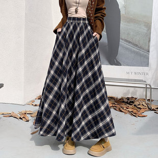 格子长裙冬季 高腰大摆裙梨型身材遮胯有口袋毛呢半身裙 女2025新款