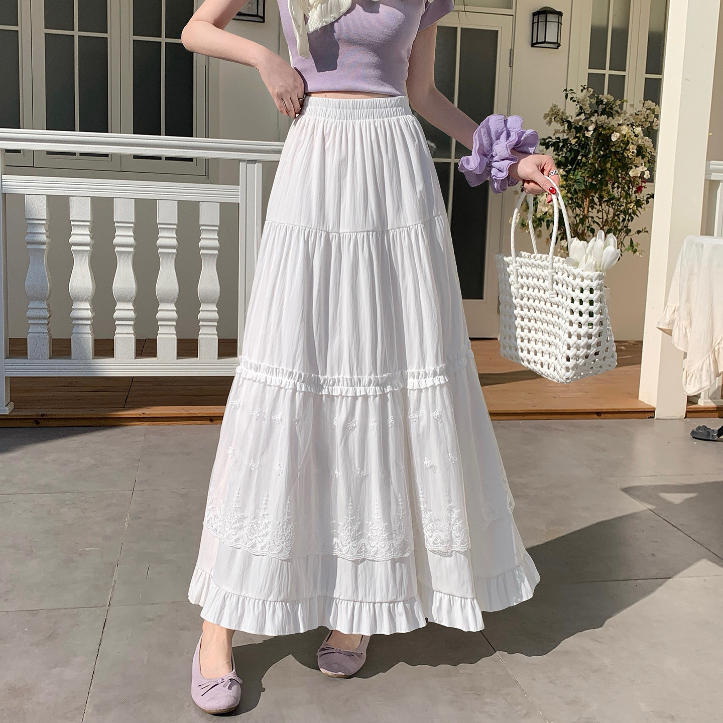 白色半身裙长款女2026春季蕾丝花边拼接木耳边a字半身裙百搭长裙,女装/女士精品,半身裙,淘宝优惠券,粉丝福利购,淘宝优惠卷