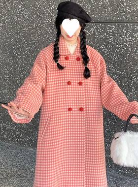 可爱学院风红色格纹毛呢外套女2025新款秋冬中长款娃娃领呢子大衣