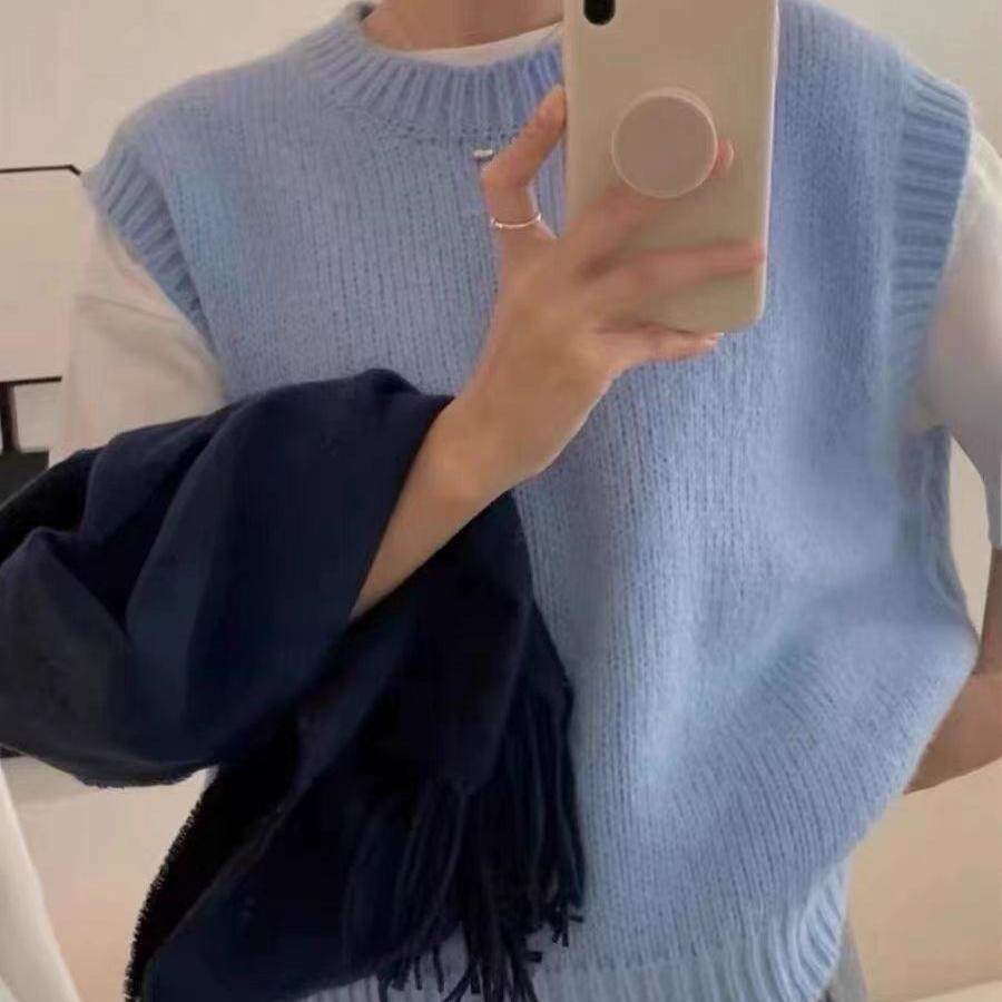 短款蓝色圆领羊绒马甲背心女坎肩