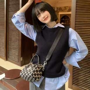26春秋冬学院风韩版宽松短款圆领羊绒马甲背心女针织外穿羊毛坎肩