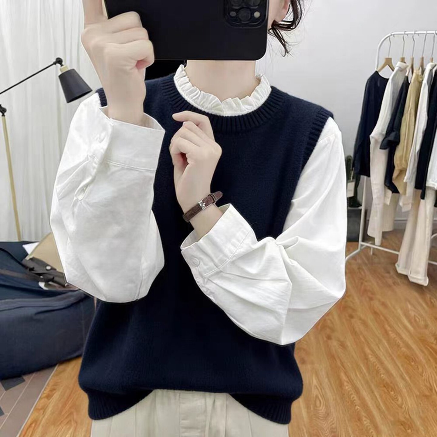 短款藏蓝圆领羊绒马甲背心女坎肩