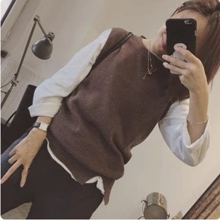 春秋冬新款不规则下摆开叉圆领羊绒马甲背心女针织外穿薄毛衣坎肩