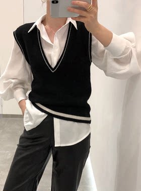 短款撞色V领羊绒马甲女毛衣坎肩
