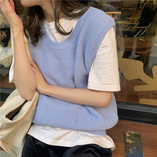 春秋短款马甲背心女宽松圆领