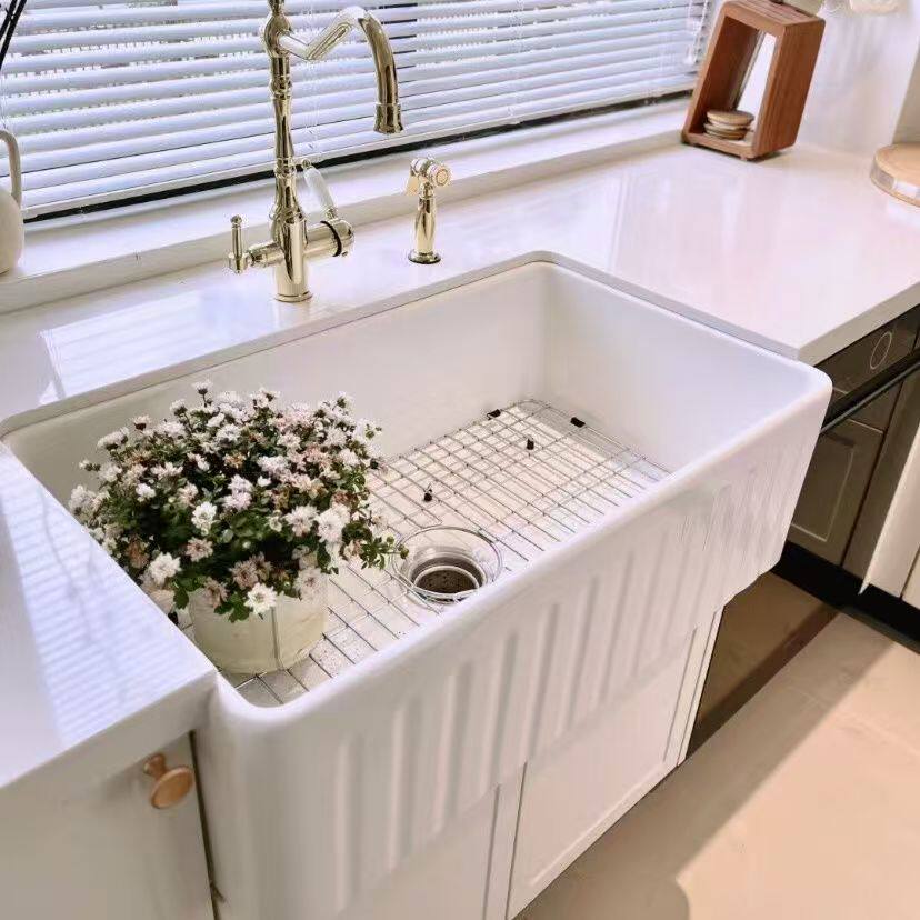 厨房陶瓷菜盆水槽大单盆竖纹框形深底大菜盆室外洒店洗衣盆33寸30