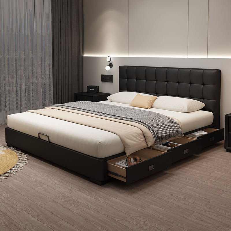 佐慕意式极简抽屉储物实木皮床