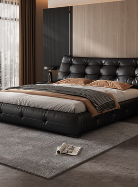 政府补贴佐慕大黑熊真皮床意式极简黑色主卧现代简约2米x2米2大床