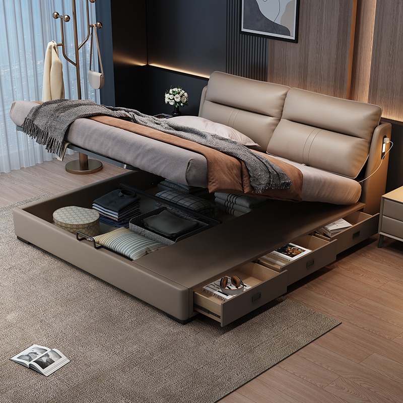 佐慕意式极简多功能真皮床储物