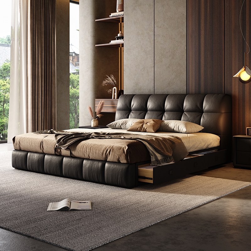 政府补贴佐慕真皮床泡芙意式软包主卧室大床2米x2米黑色现代轻奢