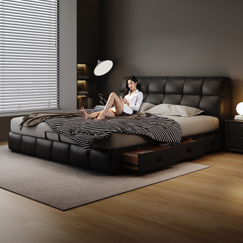 佐慕黑色泡芙真皮床极简抽屉储物