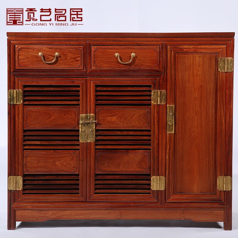 红木家具 缅甸花梨三门缕空鞋柜 实木中式玄关鞋架/置物架/收纳柜