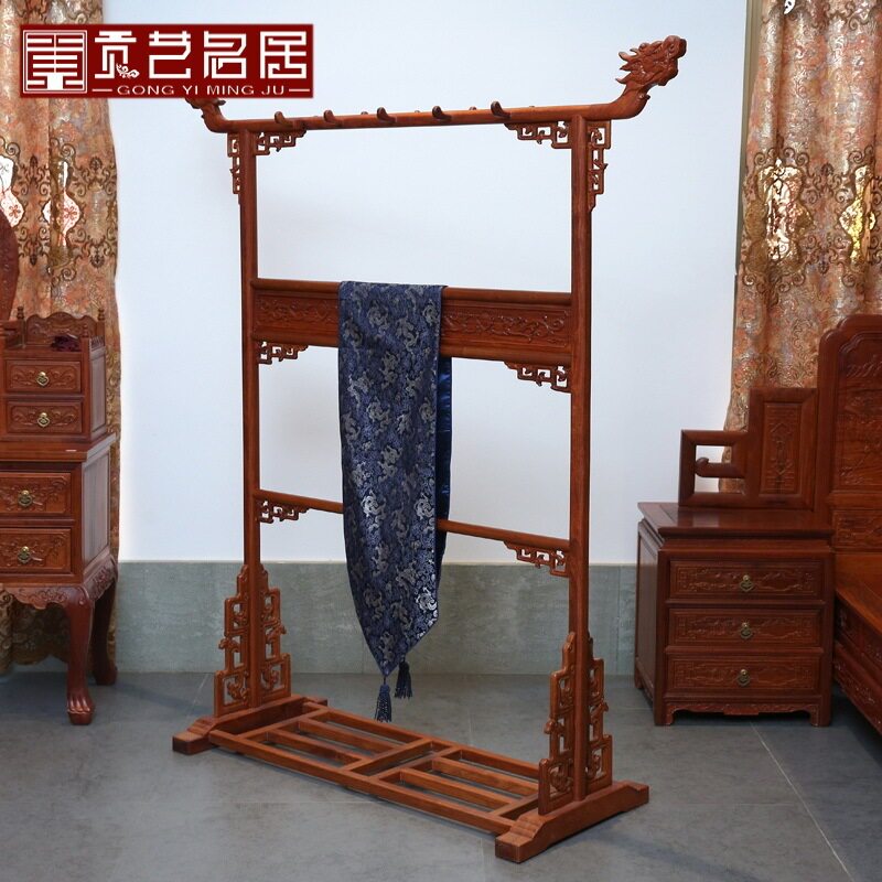 红木家具 大果紫檀古典中式衣帽架 实木卧室落地式龙头衣架花梨木