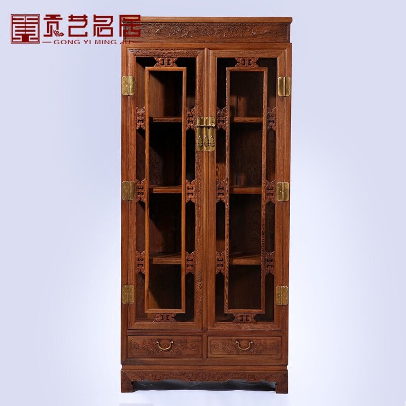 红木家具 全鸡翅木清式雕花酒柜 仿古中式门厅玻璃酒架厨房储物柜
