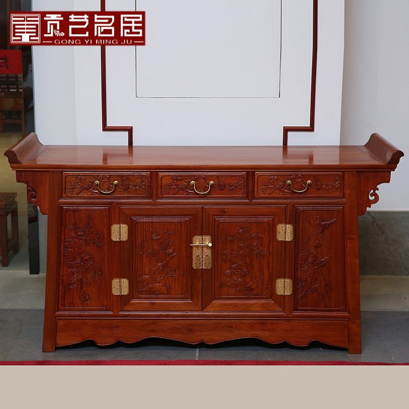 红木家具 大果紫檀古典中式三联橱 实木花梨木储物柜餐边柜玄关柜