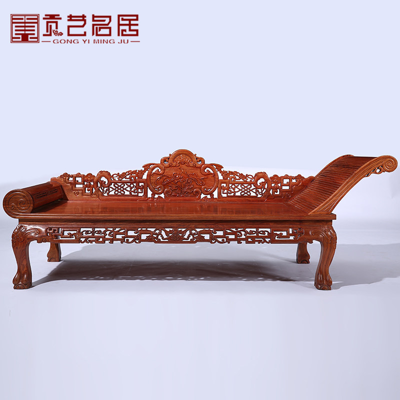 红木家具 非洲花梨木贵妃榻 明清古典实木贵妃椅 雕花美人榻躺椅