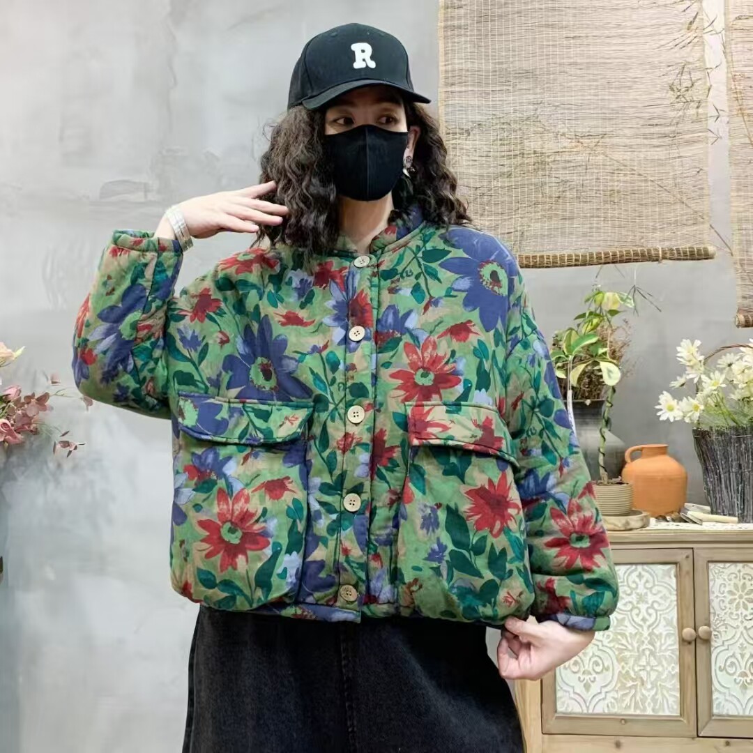 棉麻复古新中式民族风红色上衣盘扣东北大花女小棉袄短款棉衣外套