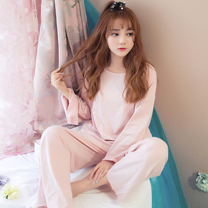 韩版睡衣女春秋纯棉长袖居家服套装短袖薄款纯色宽松家居服女夏季