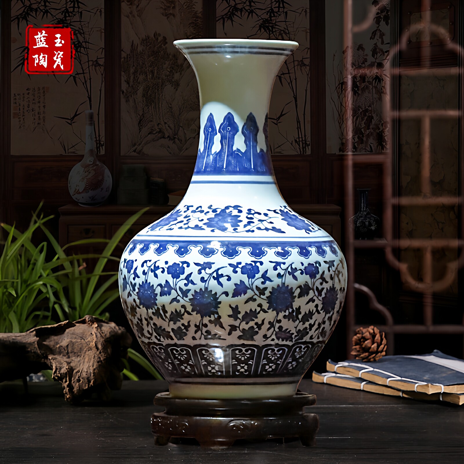 景德镇花瓶摆件青花瓷釉下彩缠枝莲客厅家居仿古中式插花复古瓷器