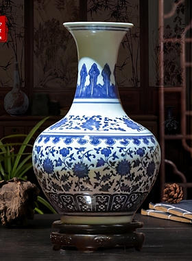 景德镇花瓶摆件青花瓷釉下彩缠枝莲客厅家居仿古中式插花复古瓷器
