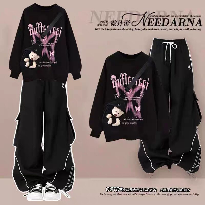 运动少女套装秋季初中学生衣服大童学院风卫衣女工装裤穿搭两件套