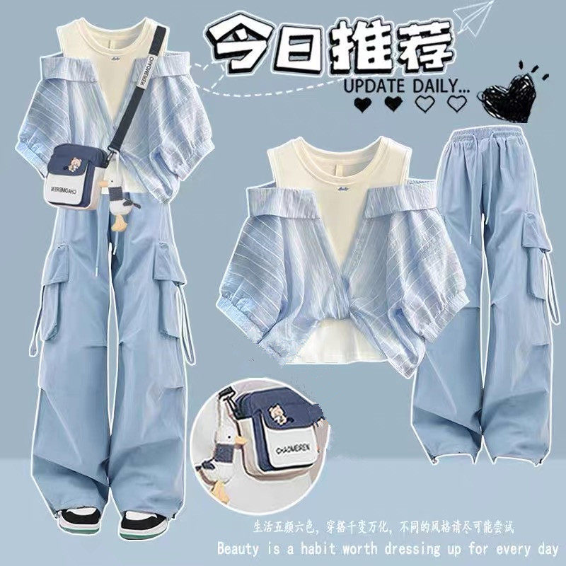 少女假两件条纹露肩衬衫夏装初中大童学生复古上衣工装裤两件套潮