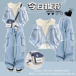 少女假两件条纹露肩衬衫夏装初中大童学生复古上衣工装裤两件套潮