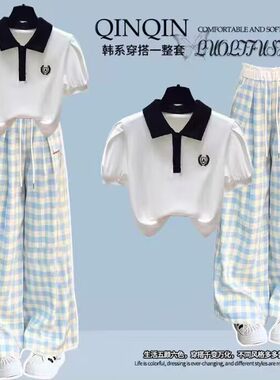 学院风POLO领短袖套装少女孩夏装新款初中高中学生大童裤子两件套