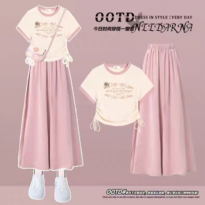 夏季女童插肩短袖抽绳印花学生阔腿裤裤裙山本裤休闲风穿搭一整套