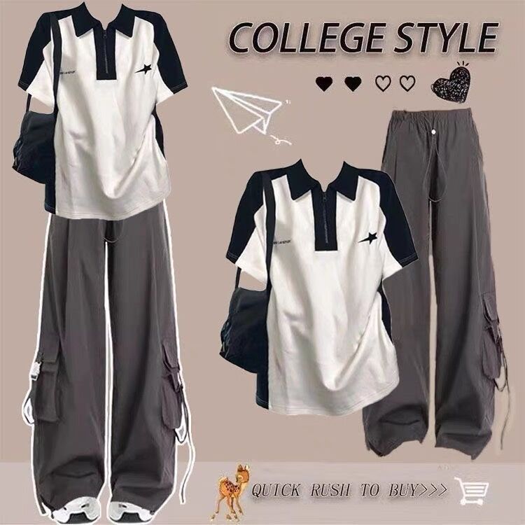 酷飒风高级感少女套装夏季洋气初中生大童polo短袖工装裤两件套潮图片