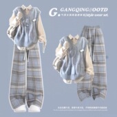 三件套装 少女阔腿裤 女 中大童学院风穿搭针织马甲毛衣抽绳衬衫 秋季