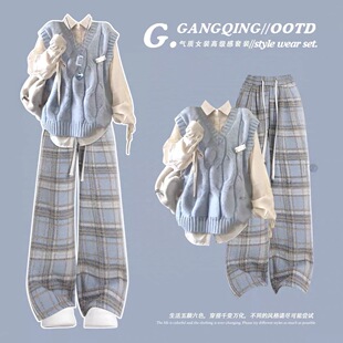 秋季中大童学院风穿搭针织马甲毛衣抽绳衬衫少女阔腿裤三件套装女