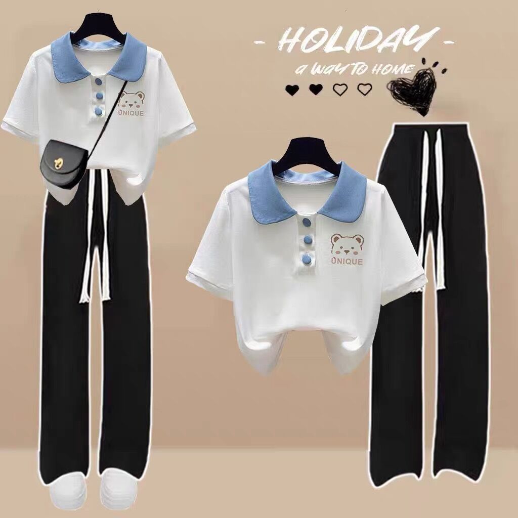 女童10-18校园风夏季洋气时尚少女套装大童纯棉POLO领短袖两件套