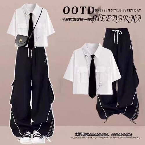夏季JK衬衫领带工装裤两件套少女