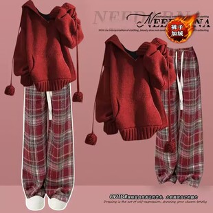 女中大童针织毛衣一整套2026新款初中生新年红色战袍套装裤子秋冬