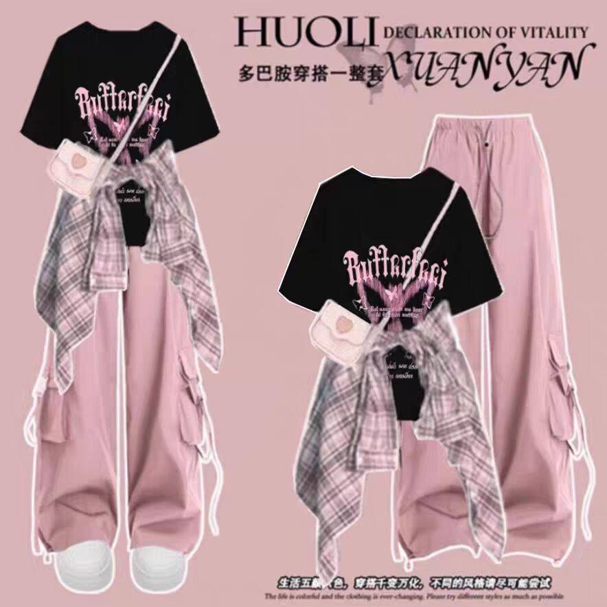 初中生时尚套装女春夏高中学生短袖t恤工装裤夏日大童穿搭三件套