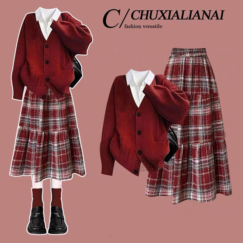 少女秋冬季衣服新年战袍三件套女童洋气时髦半身裙大女孩过年套装