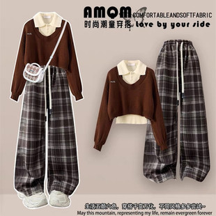 女童学院风毛衣女秋装三件套新款少女装大童美拉德洋气阔腿裤套装